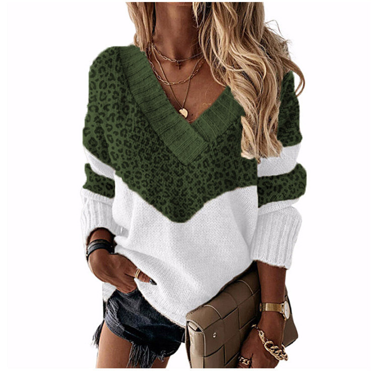 🔥Enjoy 30% off today!🎁 Women's V-neck sweater with leopard print color-block design.