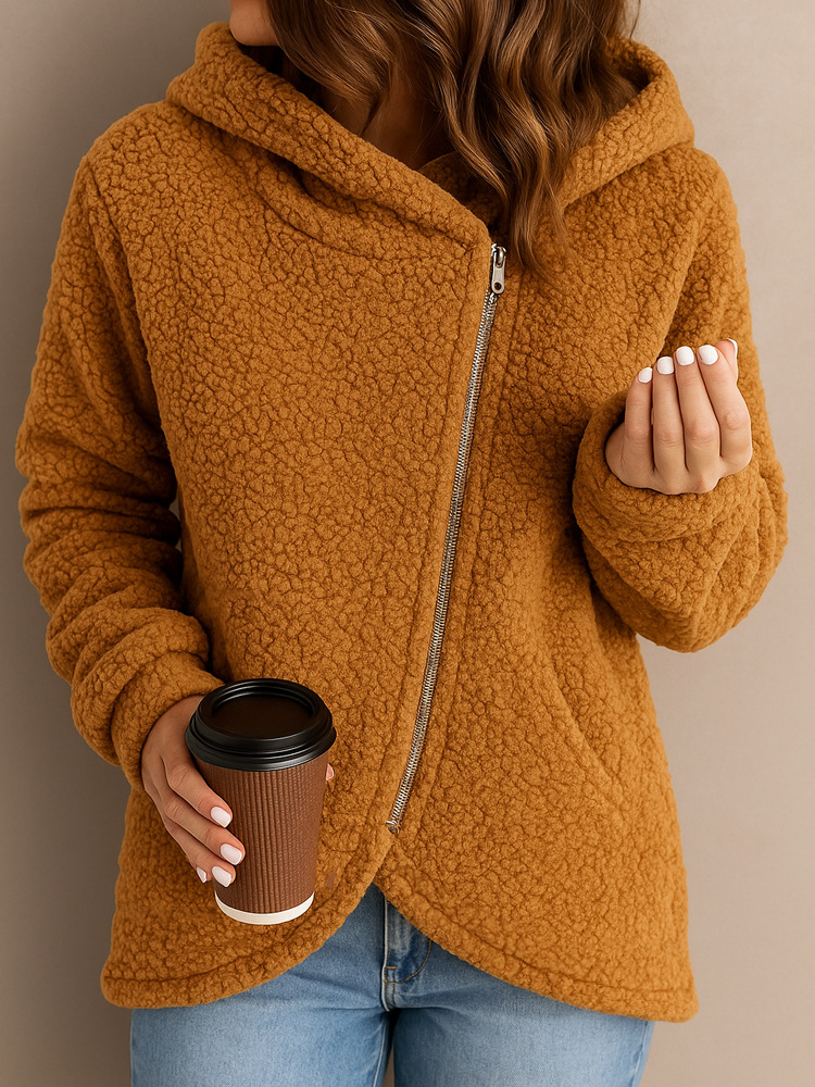 Women's diagonal zipper lamb wool hooded jacket