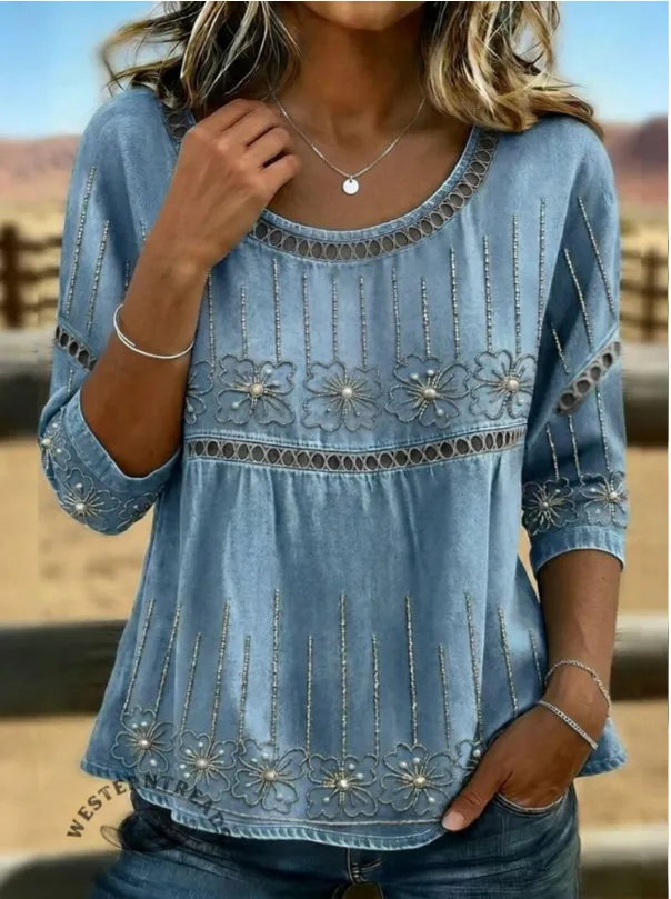 Vintage Floral Art Print Casual 3/4 Sleeves Hollow Denim Shirt