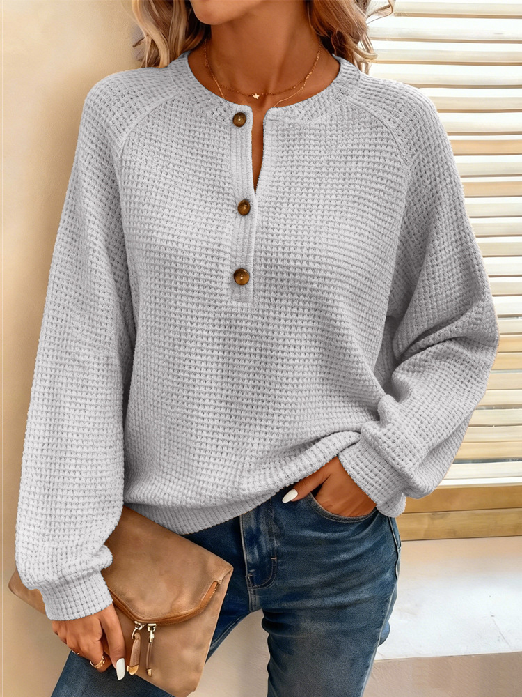 🎄 Clearance Sale! 🔥 Solid Color Waffle Knit Long-Sleeved Pullover Top