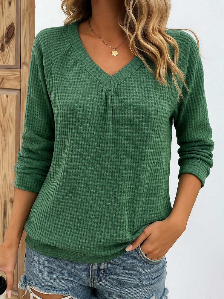 🎄 Clearance Sale! 🔥 V-neck Waffle Knit Long-Sleeve Top