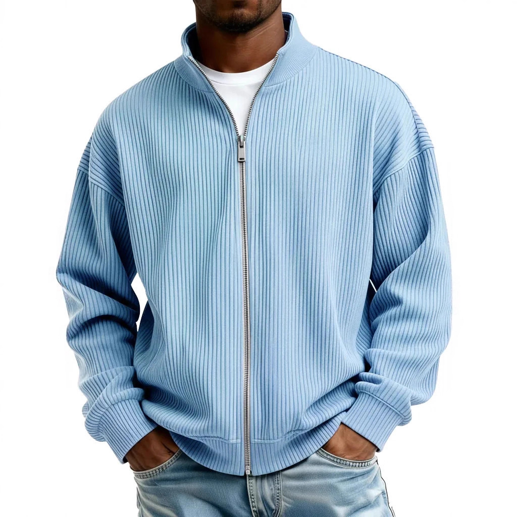 Men's simple and casual ribbed stand-collar zip-up long-sleeved jacket
