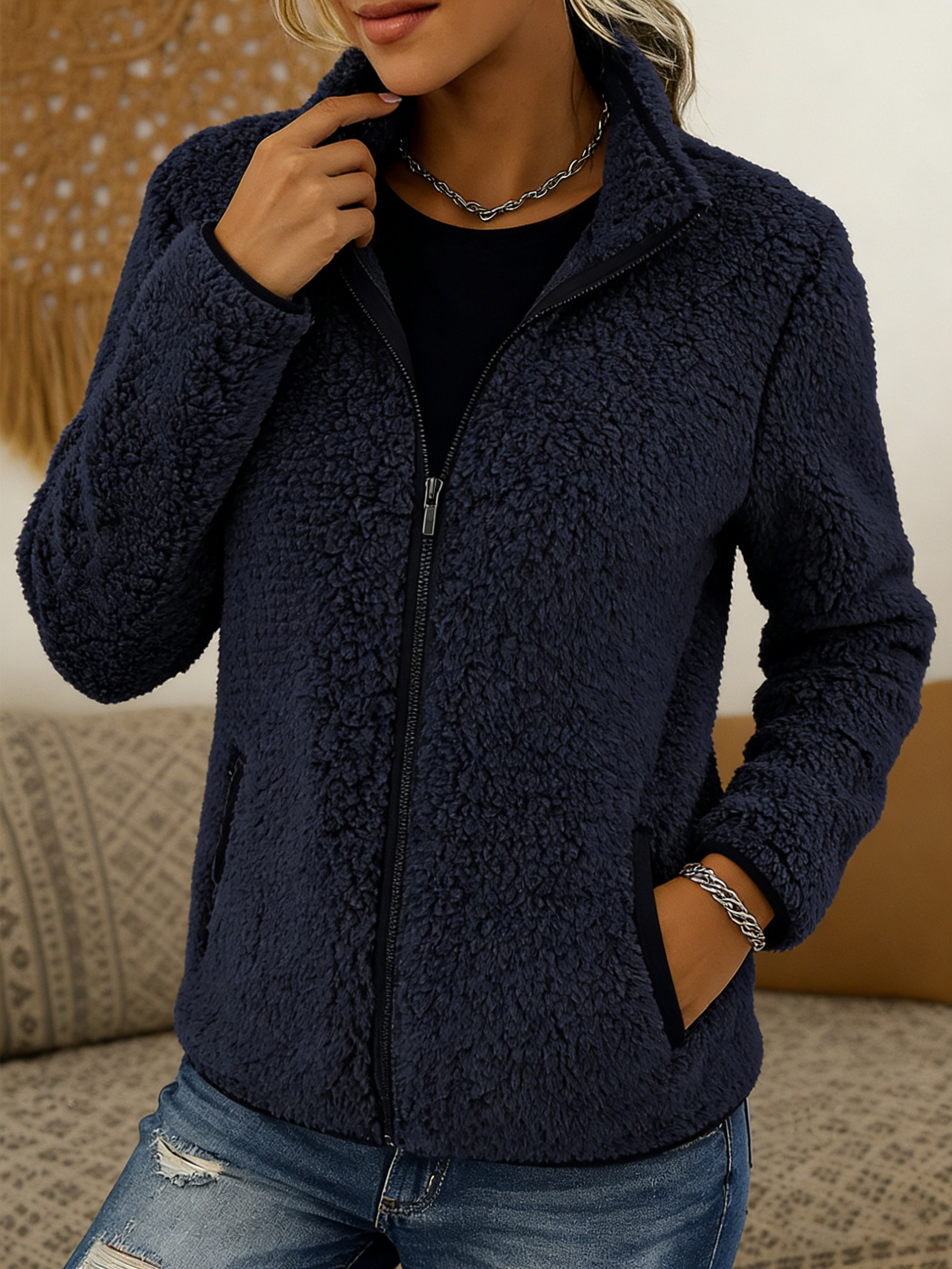 🎄 Clearance Sale! 🔥 Stand-collar solid color zippered fleece jacket