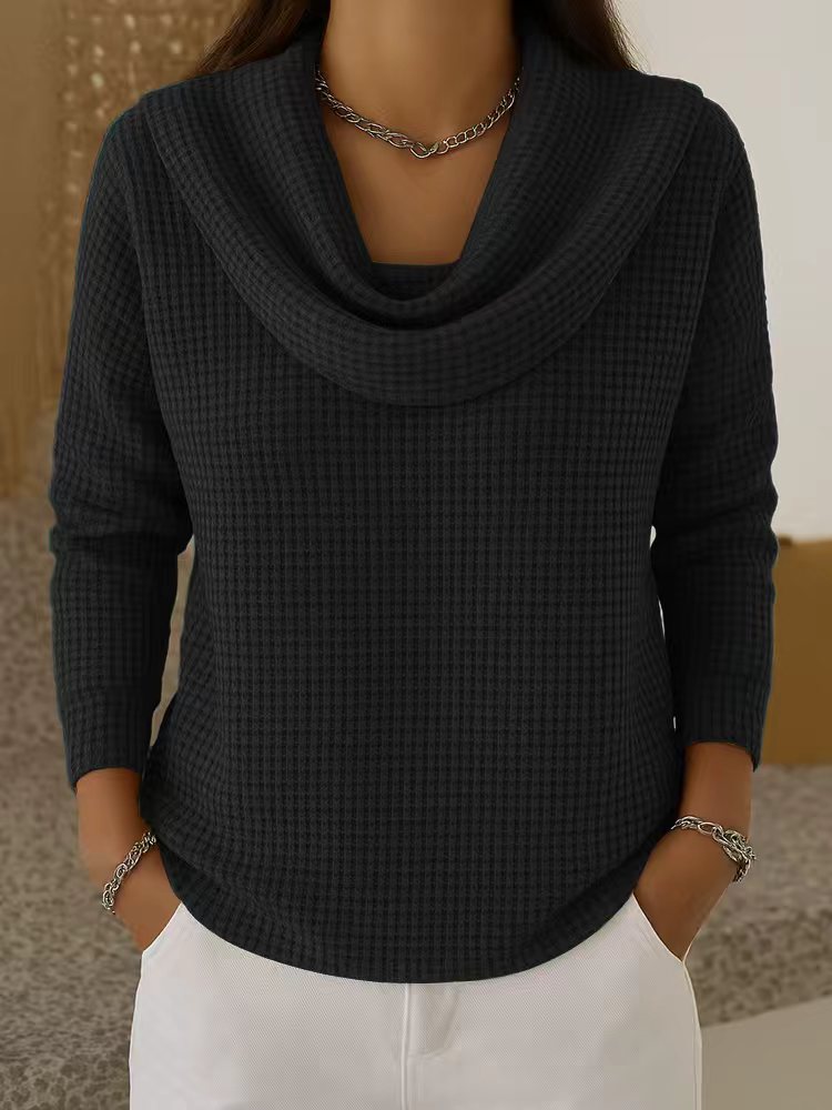Casual solid color waffle knit long-sleeved pullover top