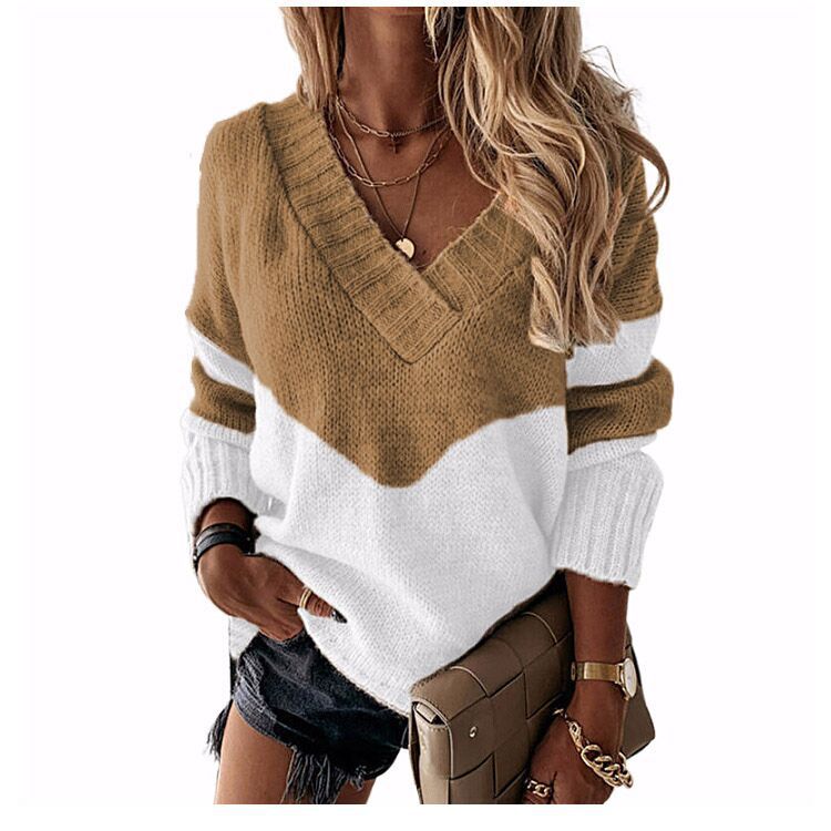 🔥70% OFF TODAY🎁Women's V-neck sweater with contrasting color block design.