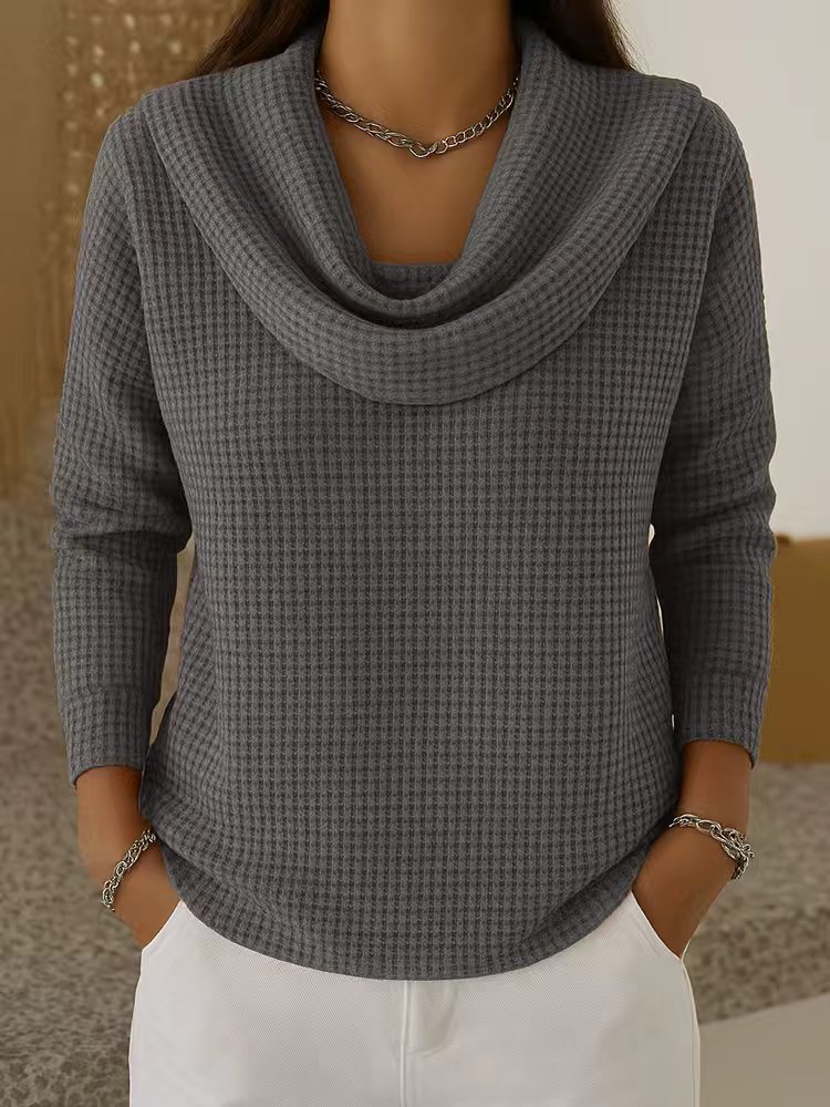 Casual solid color waffle knit long-sleeved pullover top