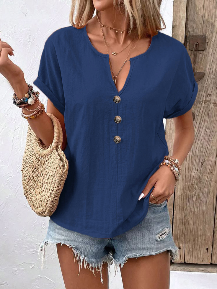Women's V-Neck Cotton-Linen Button-Up Top
