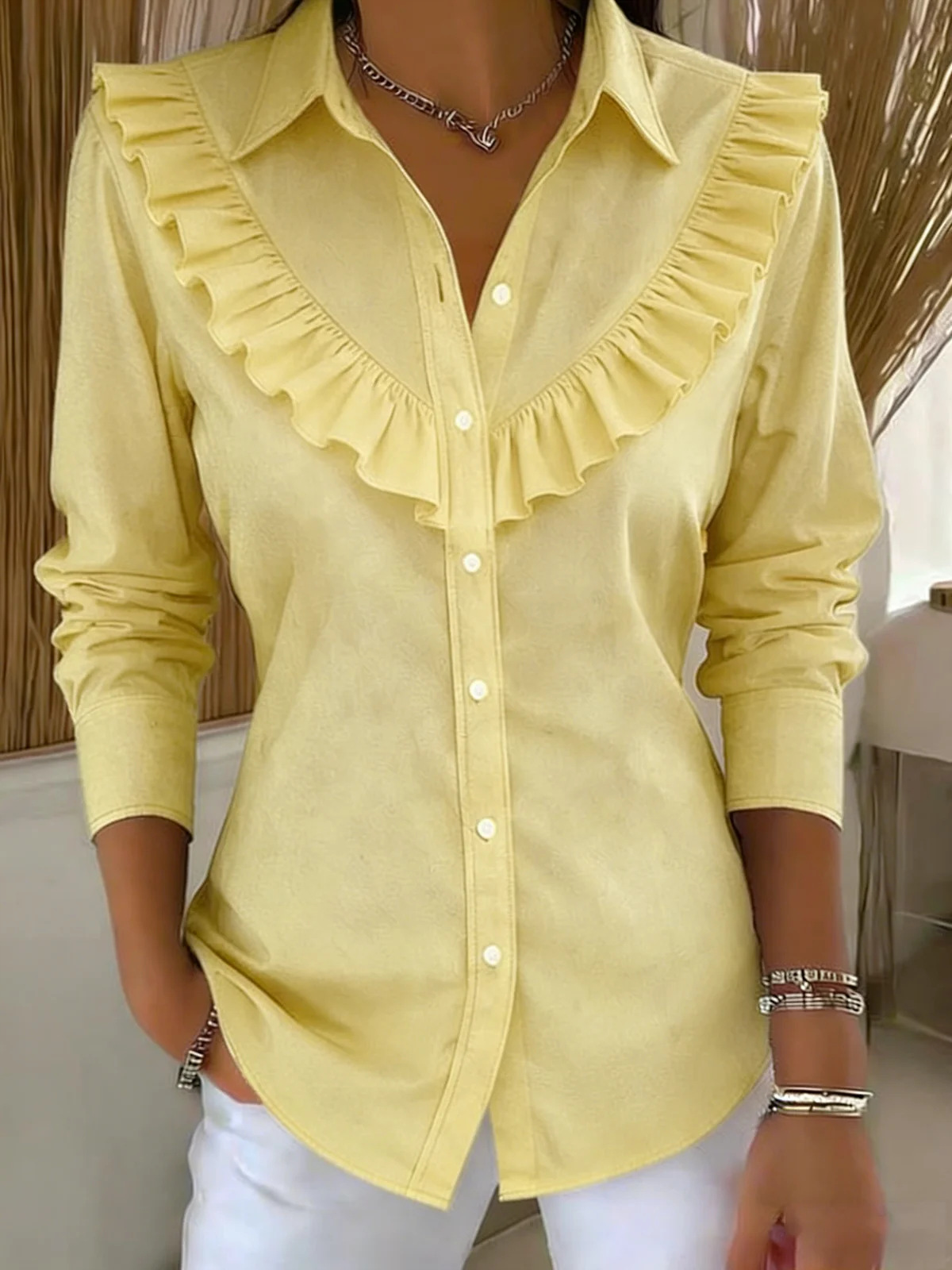 🔥New Arrival🔥 Solid Color Long-Sleeved Cotton and Linen Blouse with Ruffle Trim