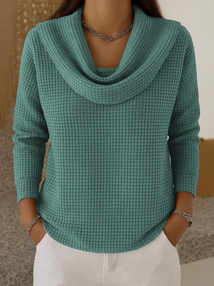 Casual solid color waffle knit long-sleeved pullover top