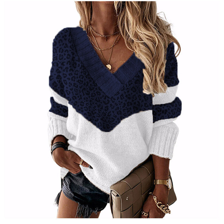 🔥Enjoy 30% off today!🎁 Women's V-neck sweater with leopard print color-block design.