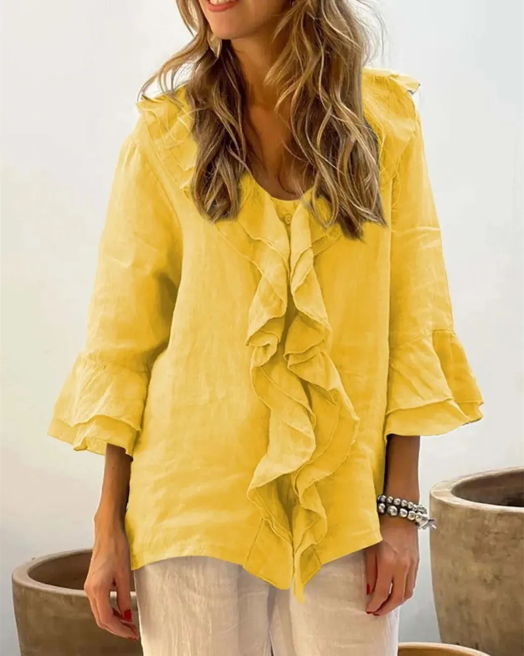Women's Button Down Shirts V Neck 3/4 Sleeve Elegant Ruffle Casual Blouses Tops