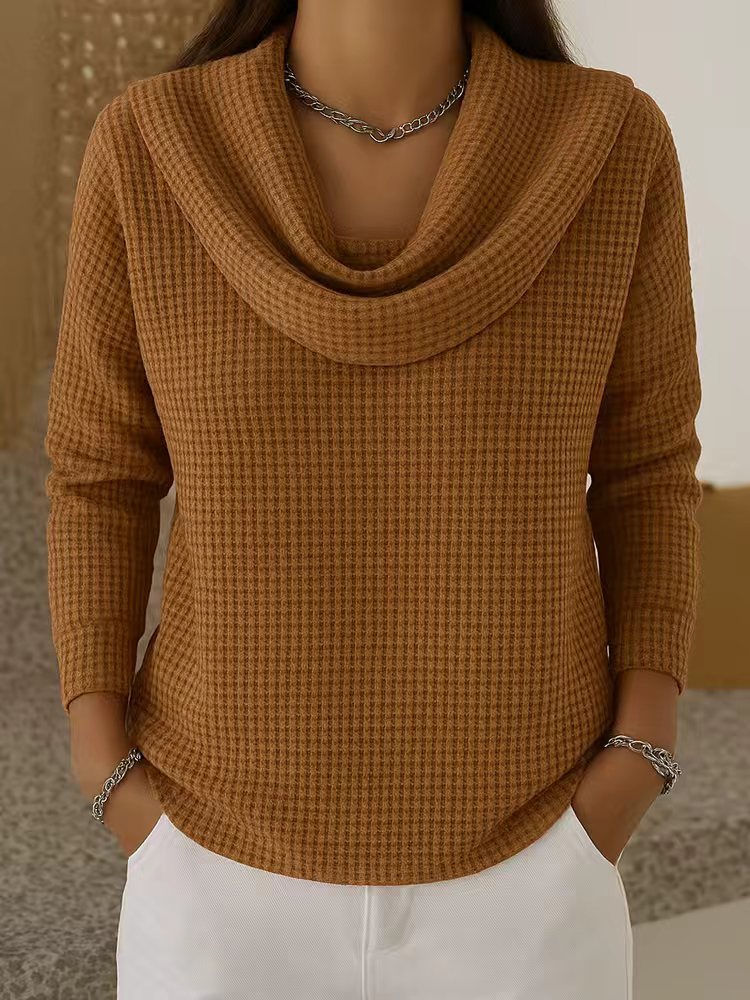 Casual solid color waffle knit long-sleeved pullover top