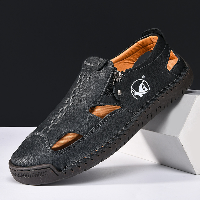 Summer New Men'S Baotou Sandals, Fashionable And Breathable Outdoor Casual Shoes, Stitched Hollow Beach Shoes