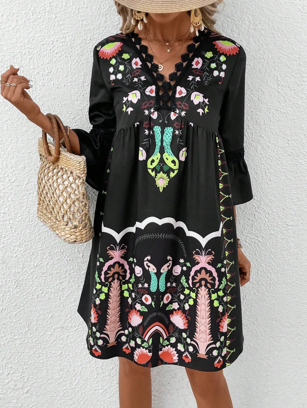Women’s Elegant Bohemian Art Print Dress with Flared Sleeves