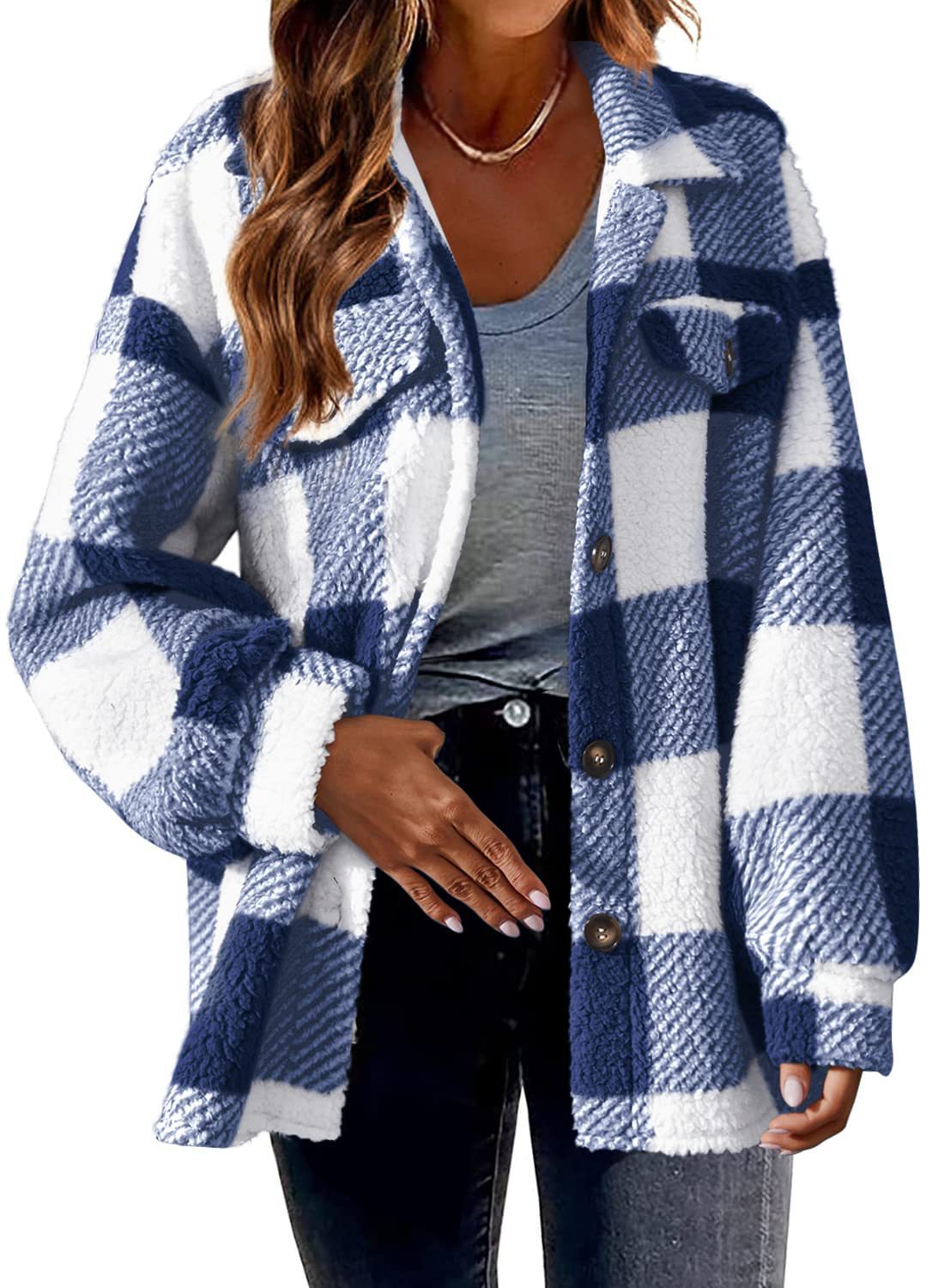 Women's autumn/winter plaid lamb fleece button-down coat with pockets