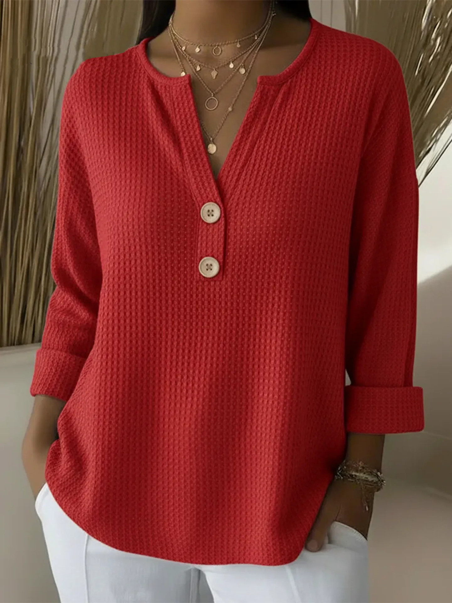Women's waffle knit button-down V-neck casual long-sleeved top