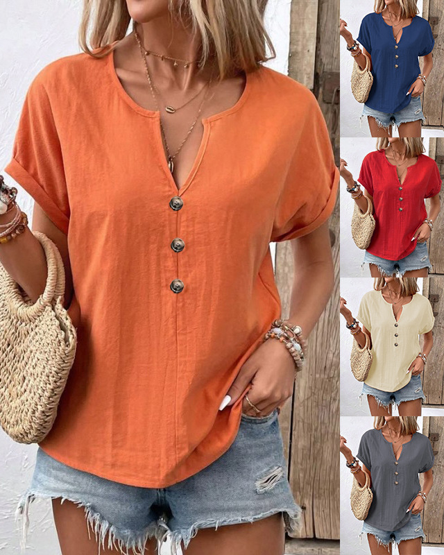 Women's V-Neck Cotton-Linen Button-Up Top