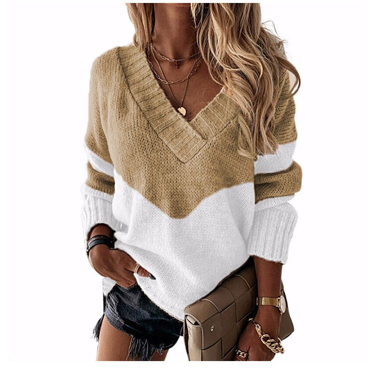🔥70% OFF TODAY🎁Women's V-neck sweater with contrasting color block design.