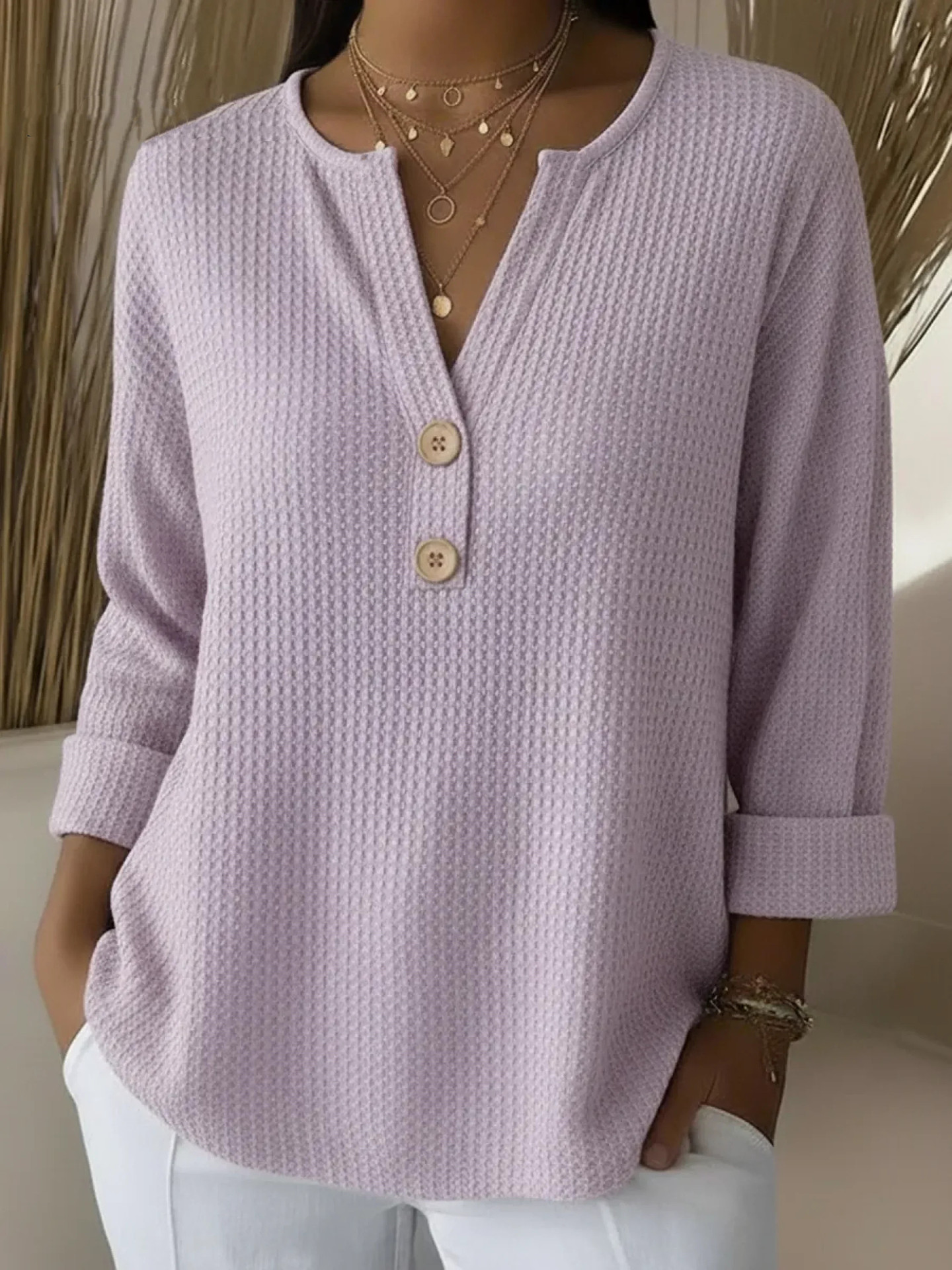 Women's waffle knit button-down V-neck casual long-sleeved top