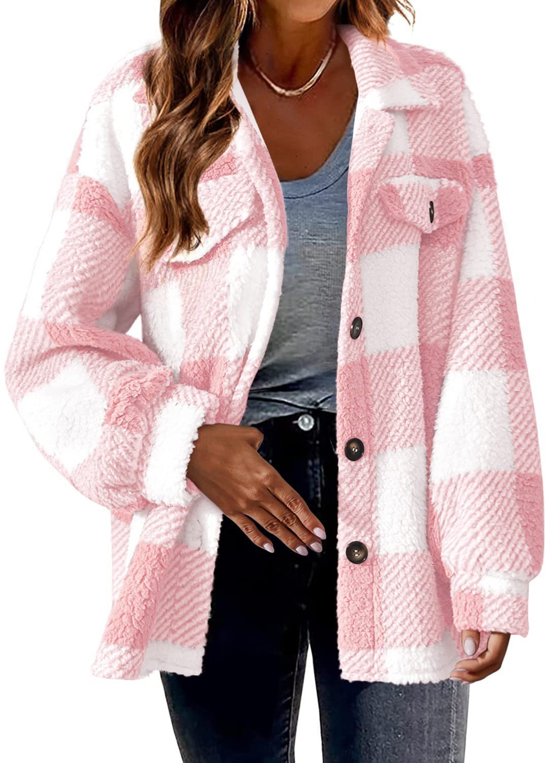 Women's autumn/winter plaid lamb fleece button-down coat with pockets