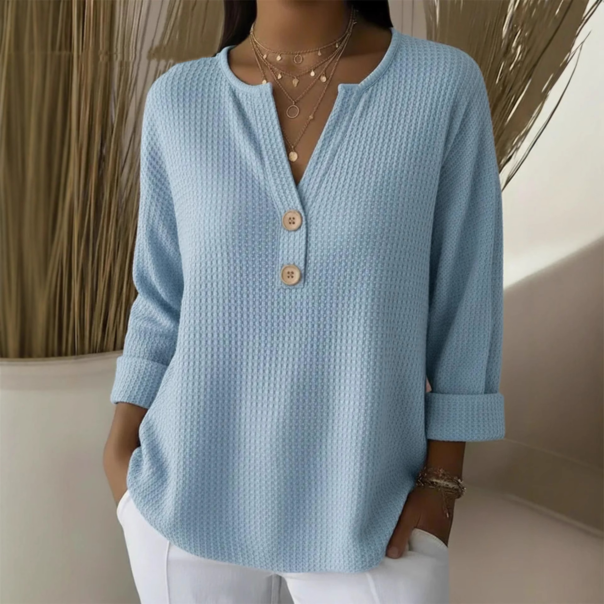 Women's waffle knit button-down V-neck casual long-sleeved top