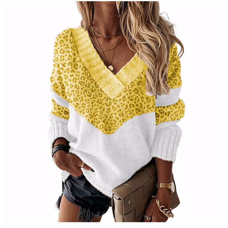 🔥Enjoy 30% off today!🎁 Women's V-neck sweater with leopard print color-block design.