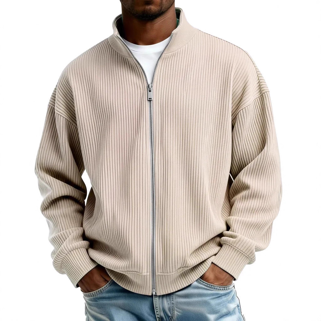 Men's simple and casual ribbed stand-collar zip-up long-sleeved jacket