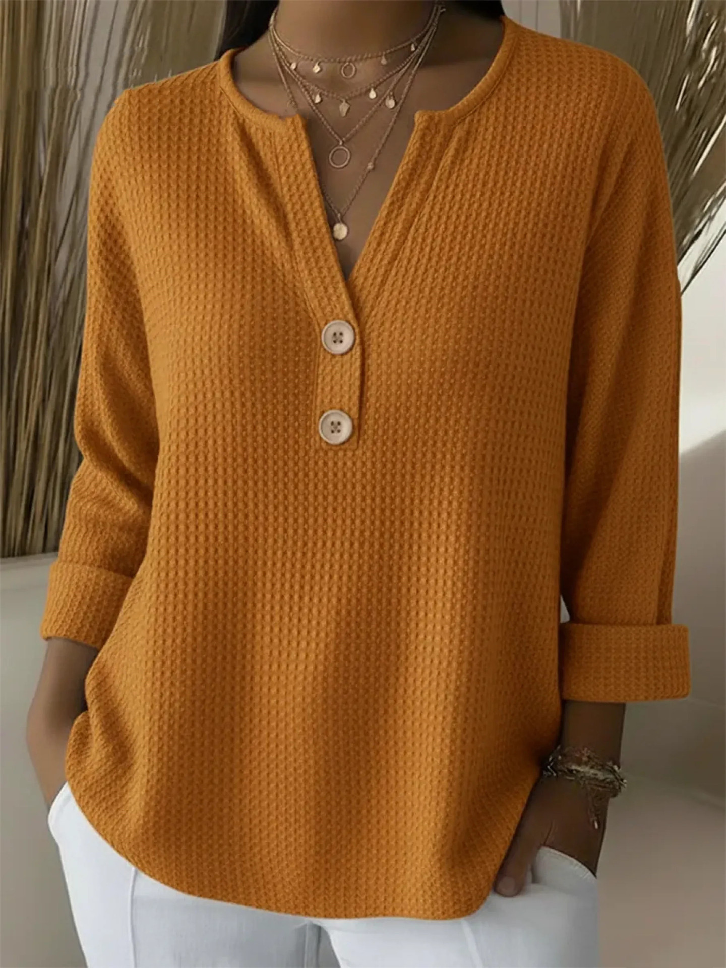 Women's waffle knit button-down V-neck casual long-sleeved top