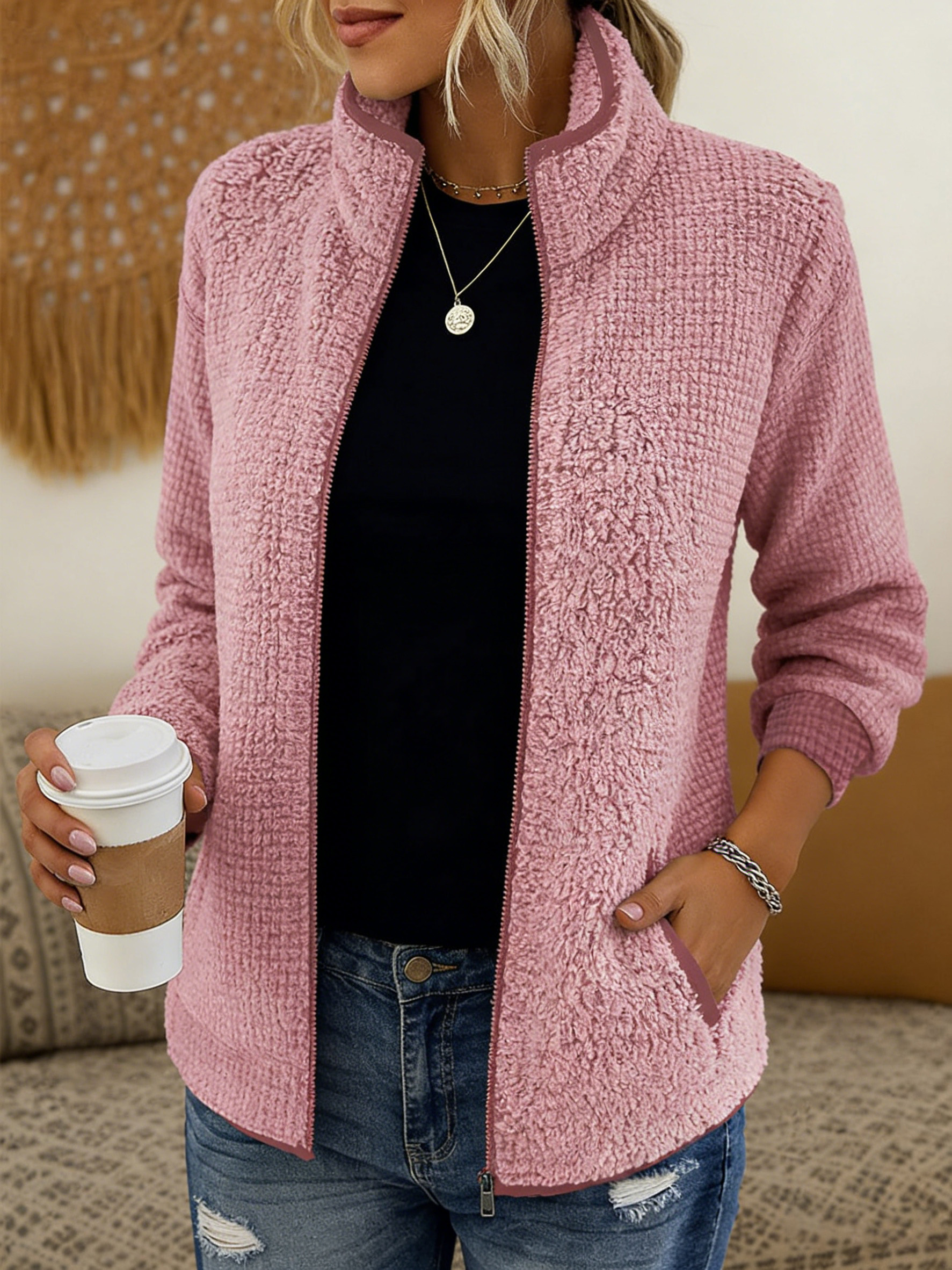 🎄 Clearance Sale! 🔥 Stand-collar solid color zippered fleece jacket