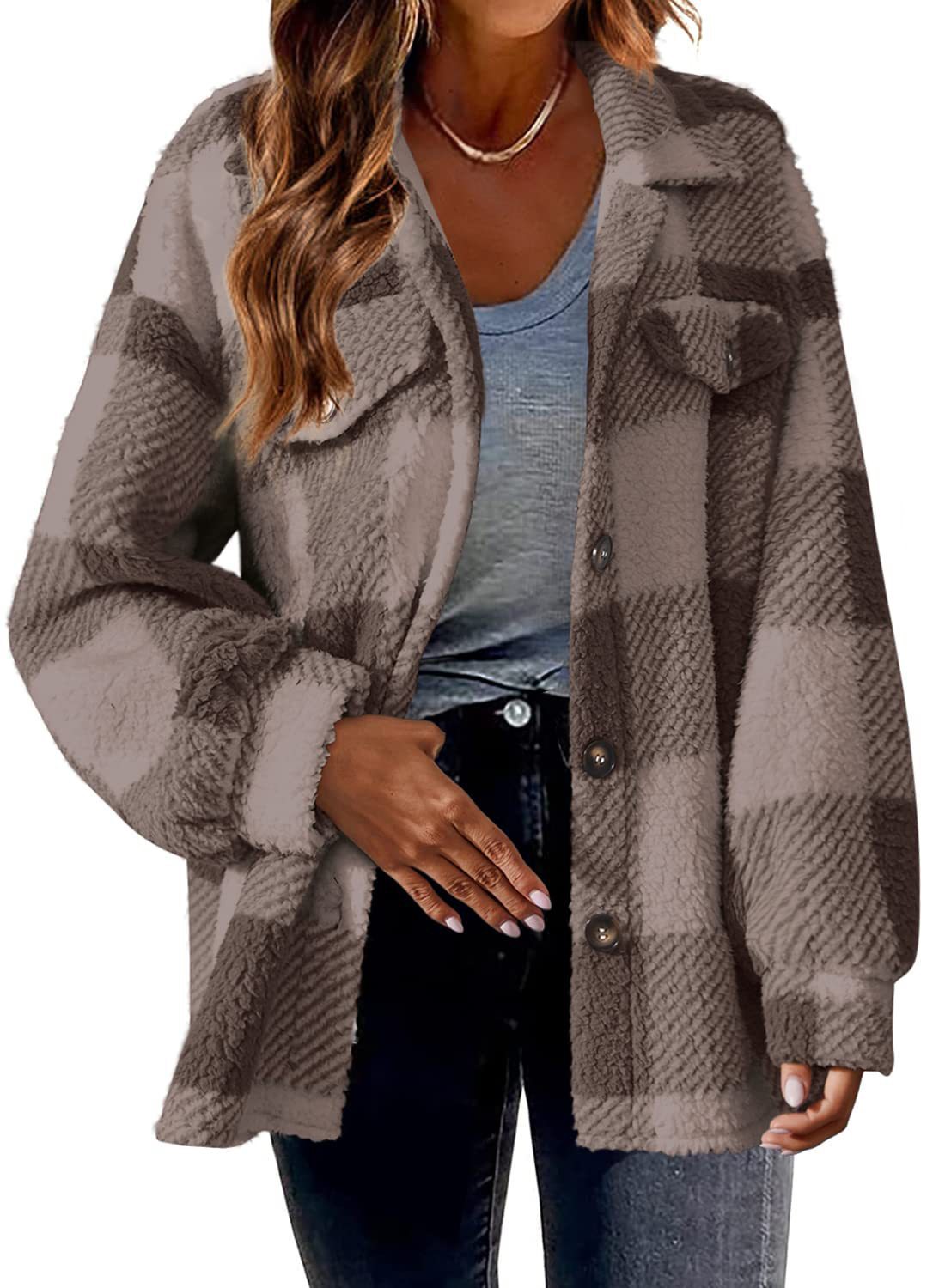 Women's autumn/winter plaid lamb fleece button-down coat with pockets