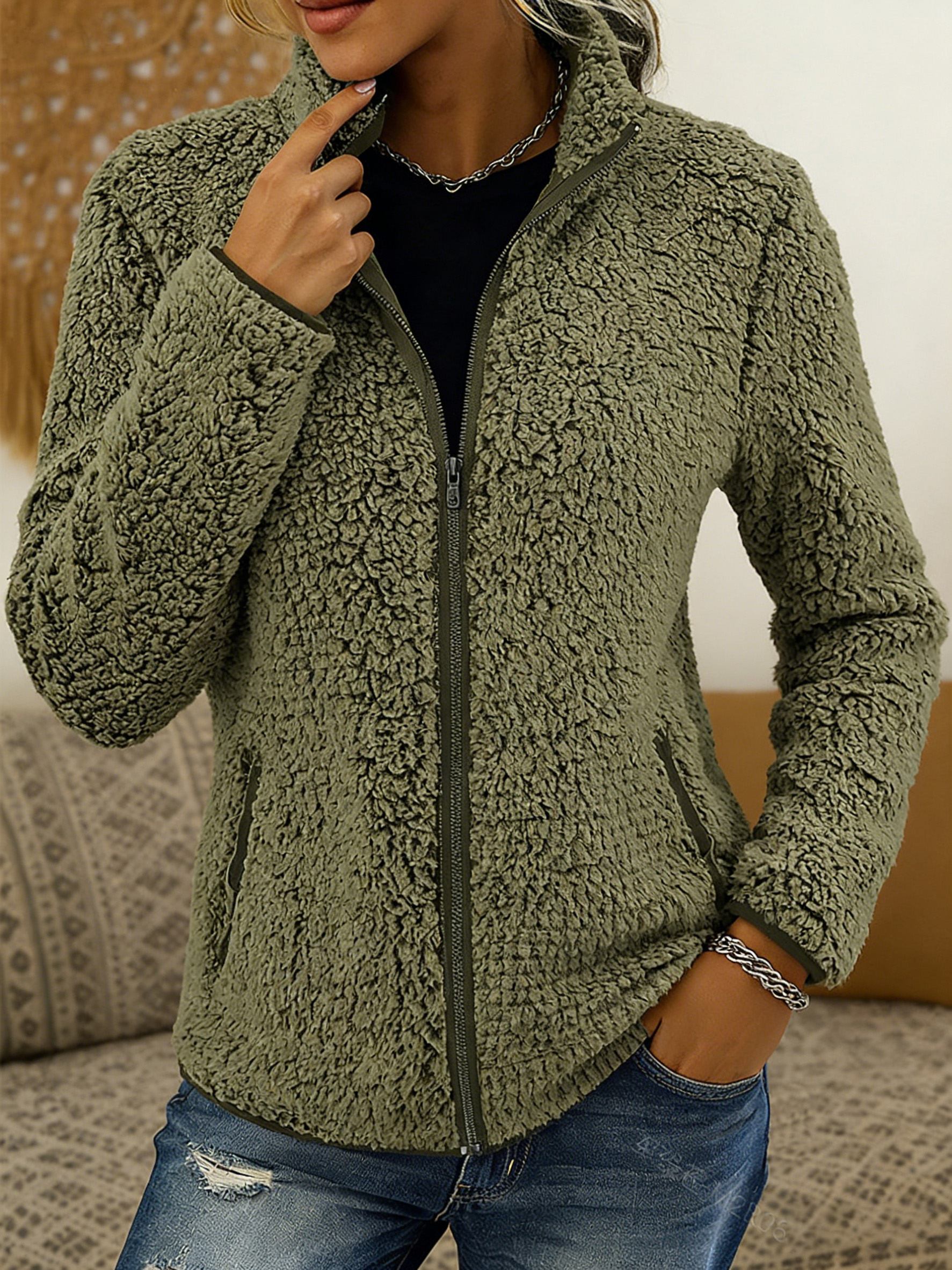 🎄 Clearance Sale! 🔥 Stand-collar solid color zippered fleece jacket