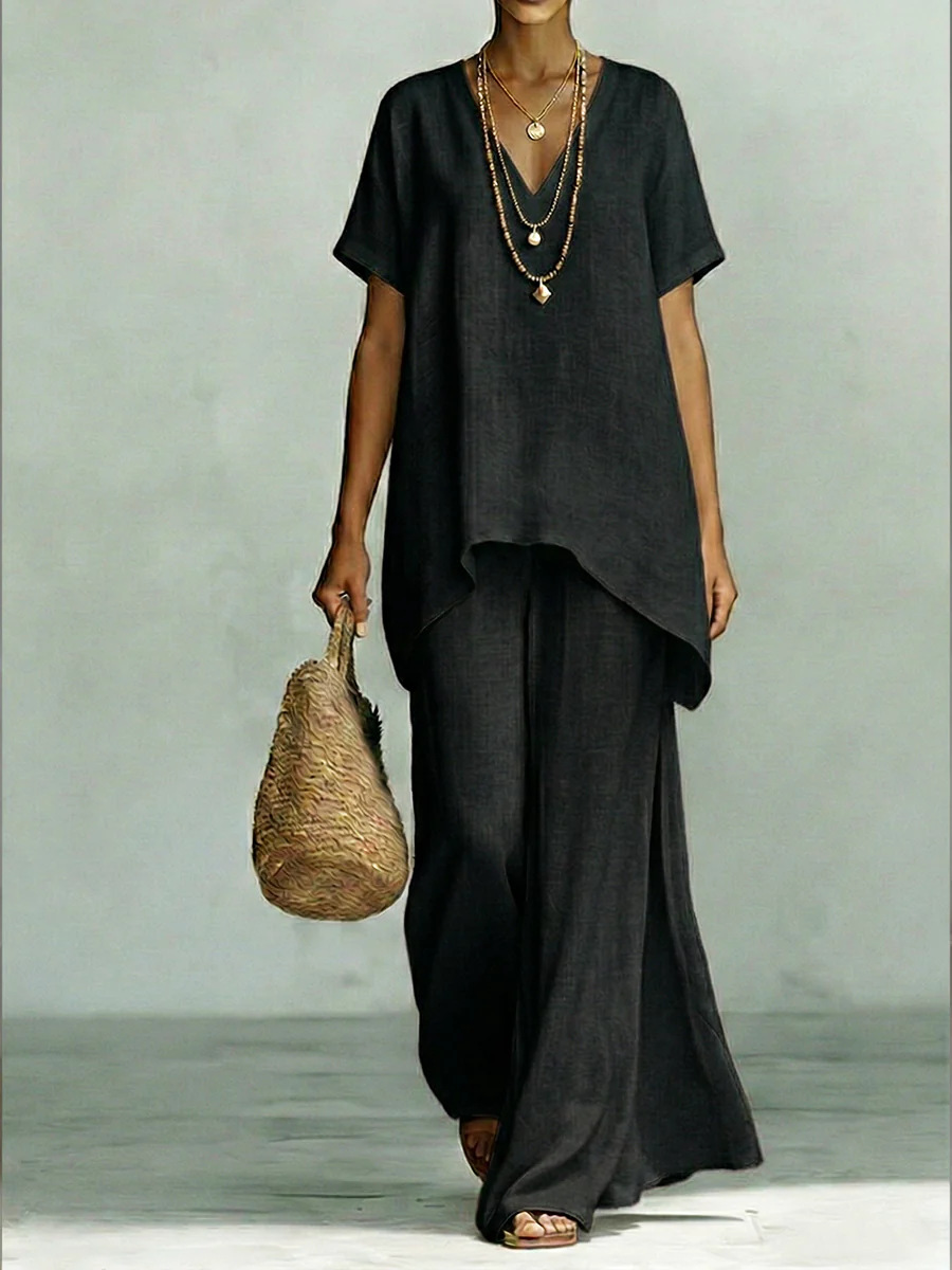 Women's Comfortable, Loose-fitting Linen And Cotton Top And Wide-leg Pants Two-piece Set.