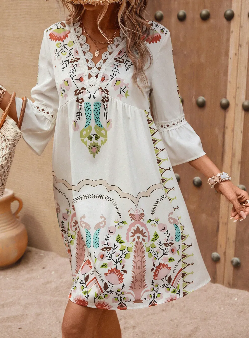Women’s Elegant Bohemian Art Print Dress with Flared Sleeves