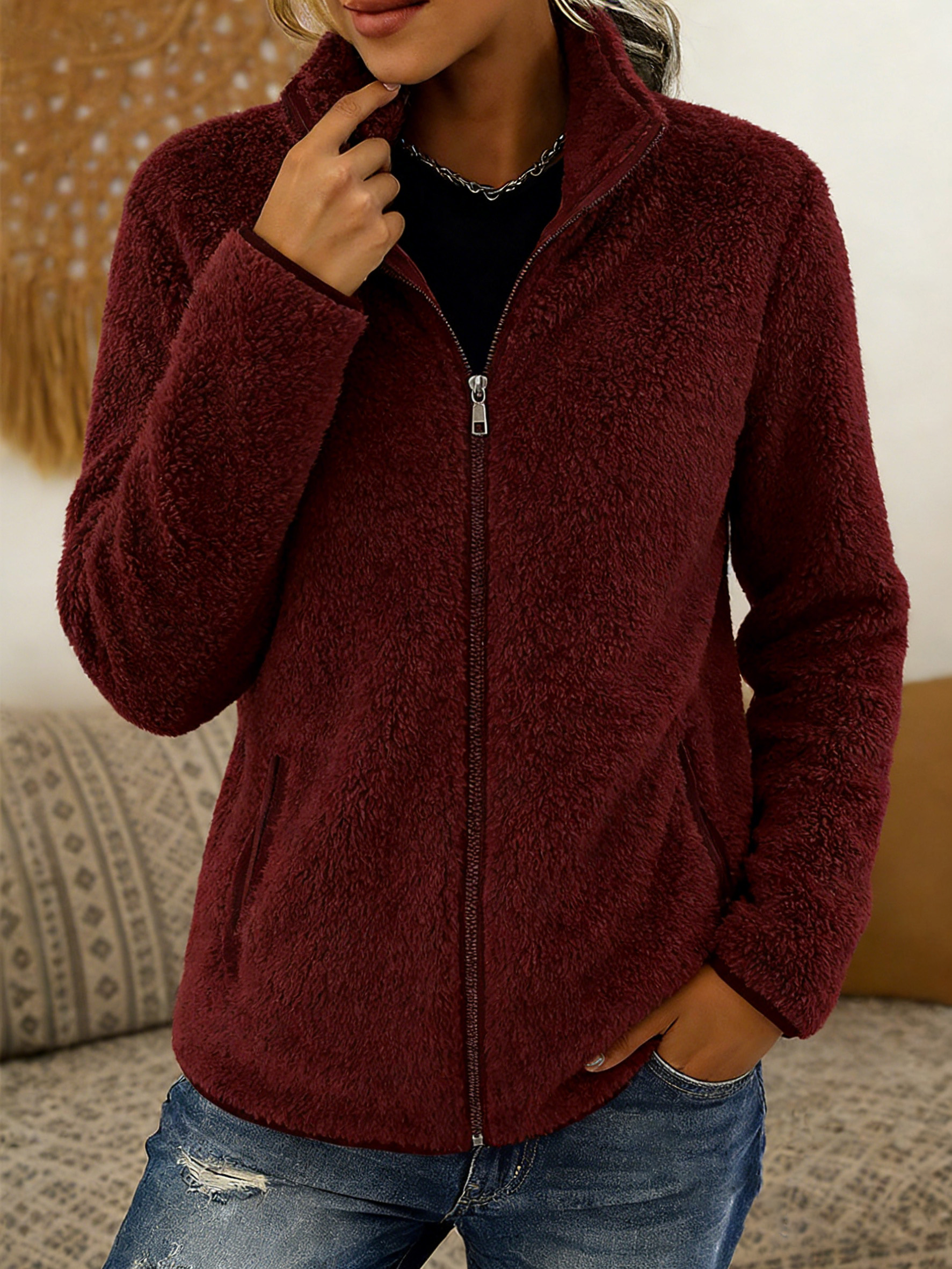 🎄 Clearance Sale! 🔥 Stand-collar solid color zippered fleece jacket