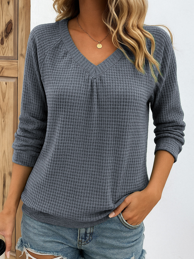 🎄 Clearance Sale! 🔥 V-neck Waffle Knit Long-Sleeve Top