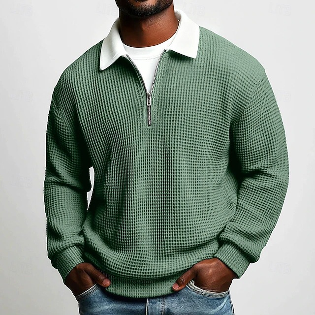 Men's collared long-sleeved polo shirt with half-zip closure