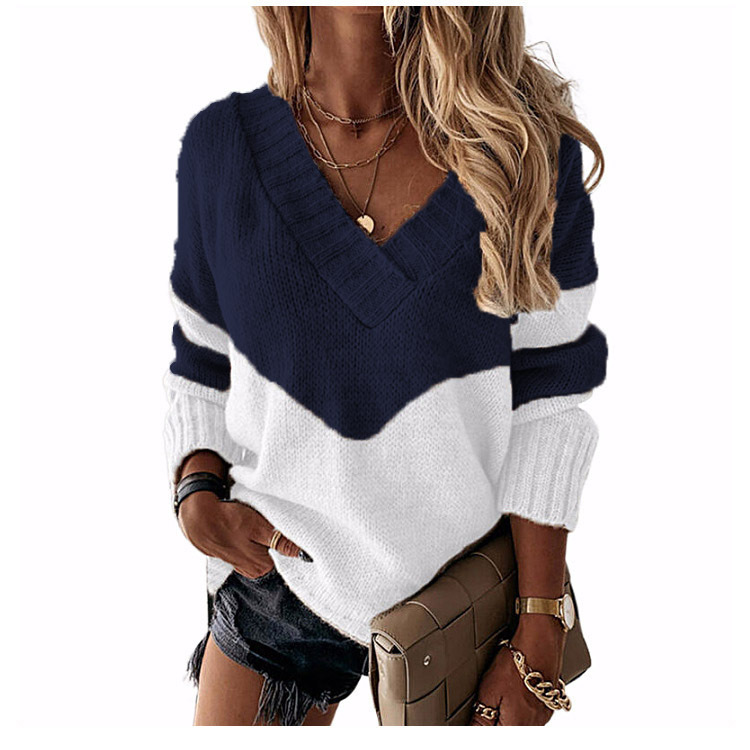🔥70% OFF TODAY🎁Women's V-neck sweater with contrasting color block design.