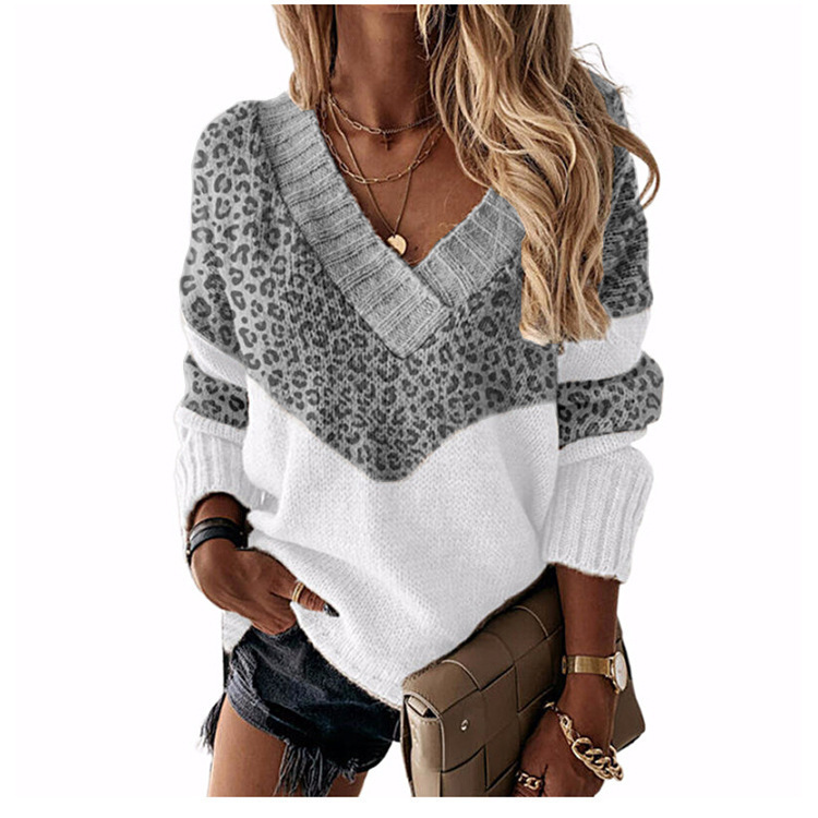 🔥Enjoy 30% off today!🎁 Women's V-neck sweater with leopard print color-block design.