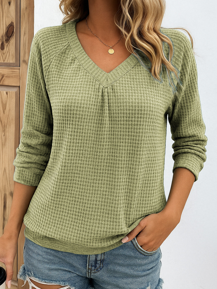 🎄 Clearance Sale! 🔥 V-neck Waffle Knit Long-Sleeve Top