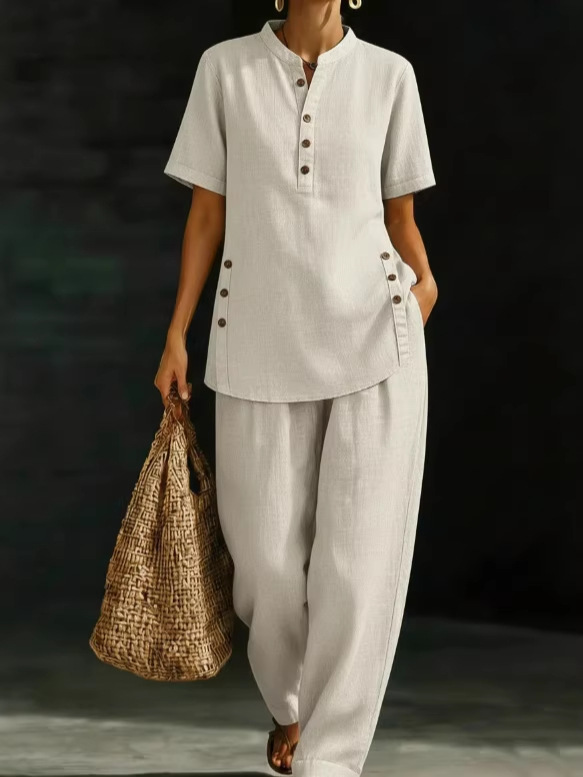 🔥Hot Selling Now！🔥 Minimalist V-neck Shirt And Wide-leg Pants Two-piece Set