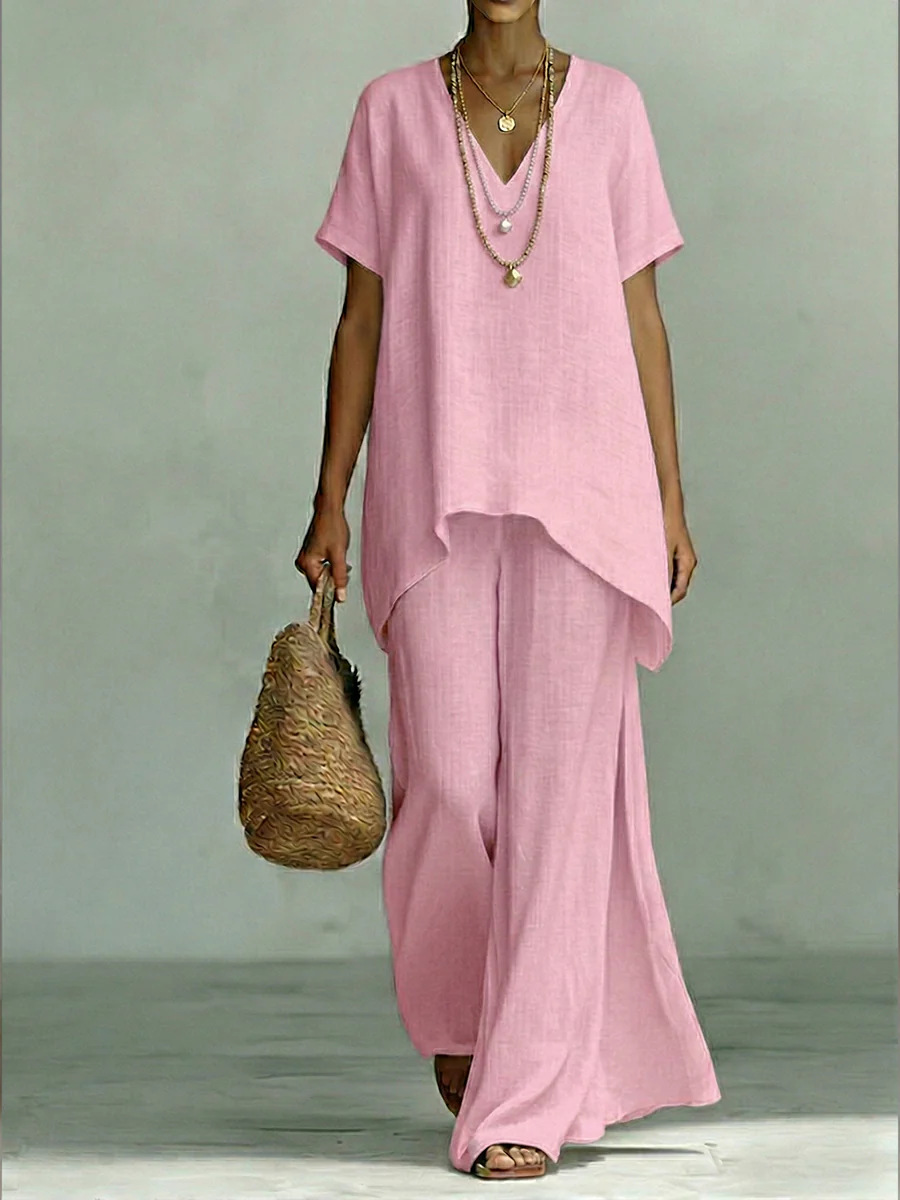 Women's Comfortable, Loose-fitting Linen And Cotton Top And Wide-leg Pants Two-piece Set.