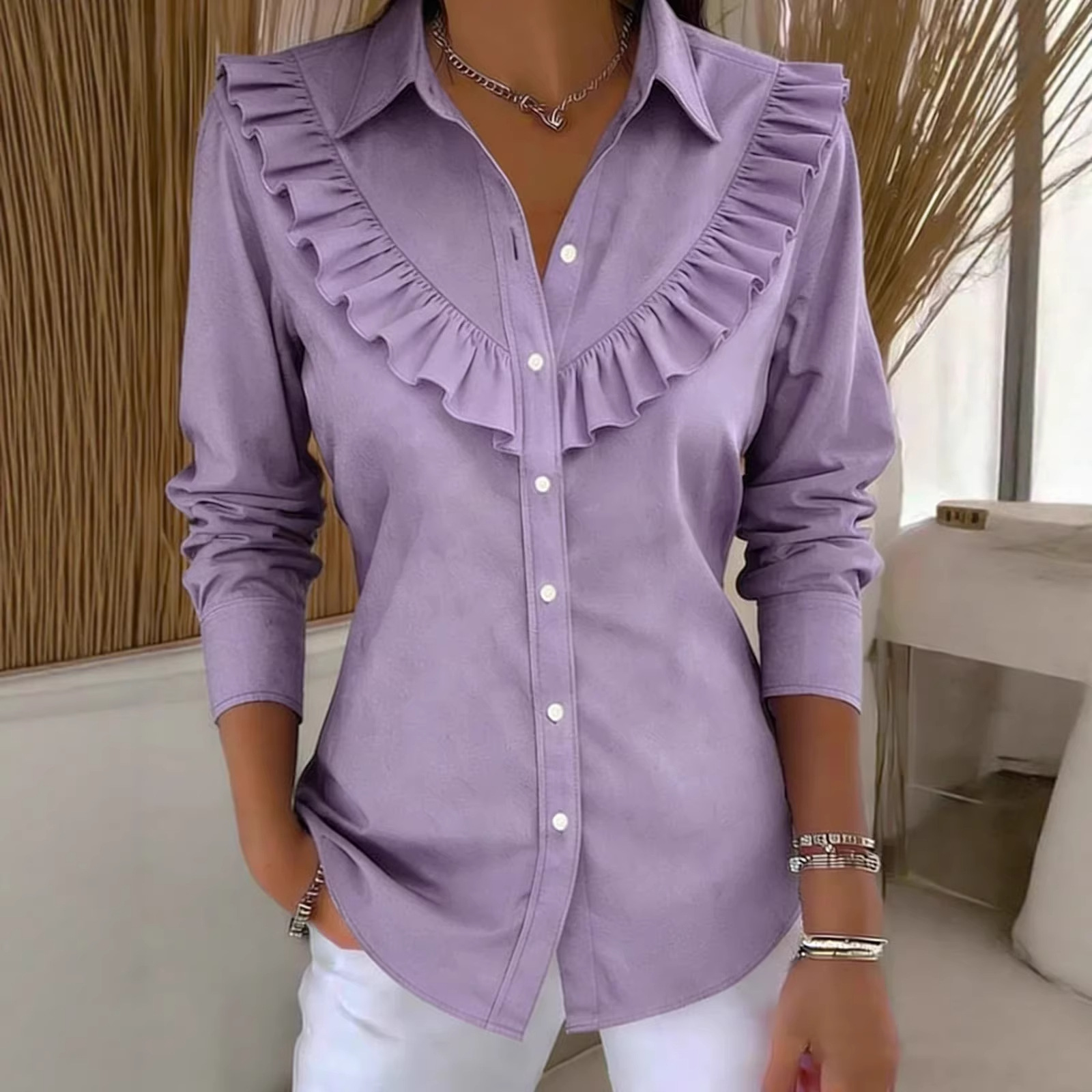🔥New Arrival🔥 Solid Color Long-Sleeved Cotton and Linen Blouse with Ruffle Trim