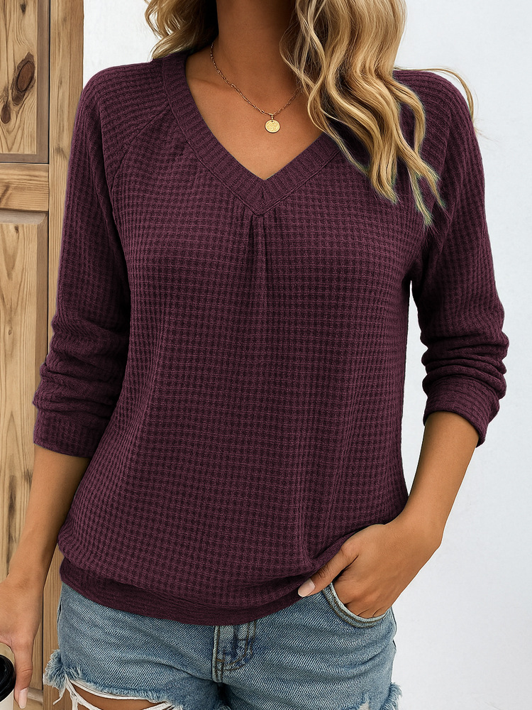 🎄 Clearance Sale! 🔥 V-neck Waffle Knit Long-Sleeve Top