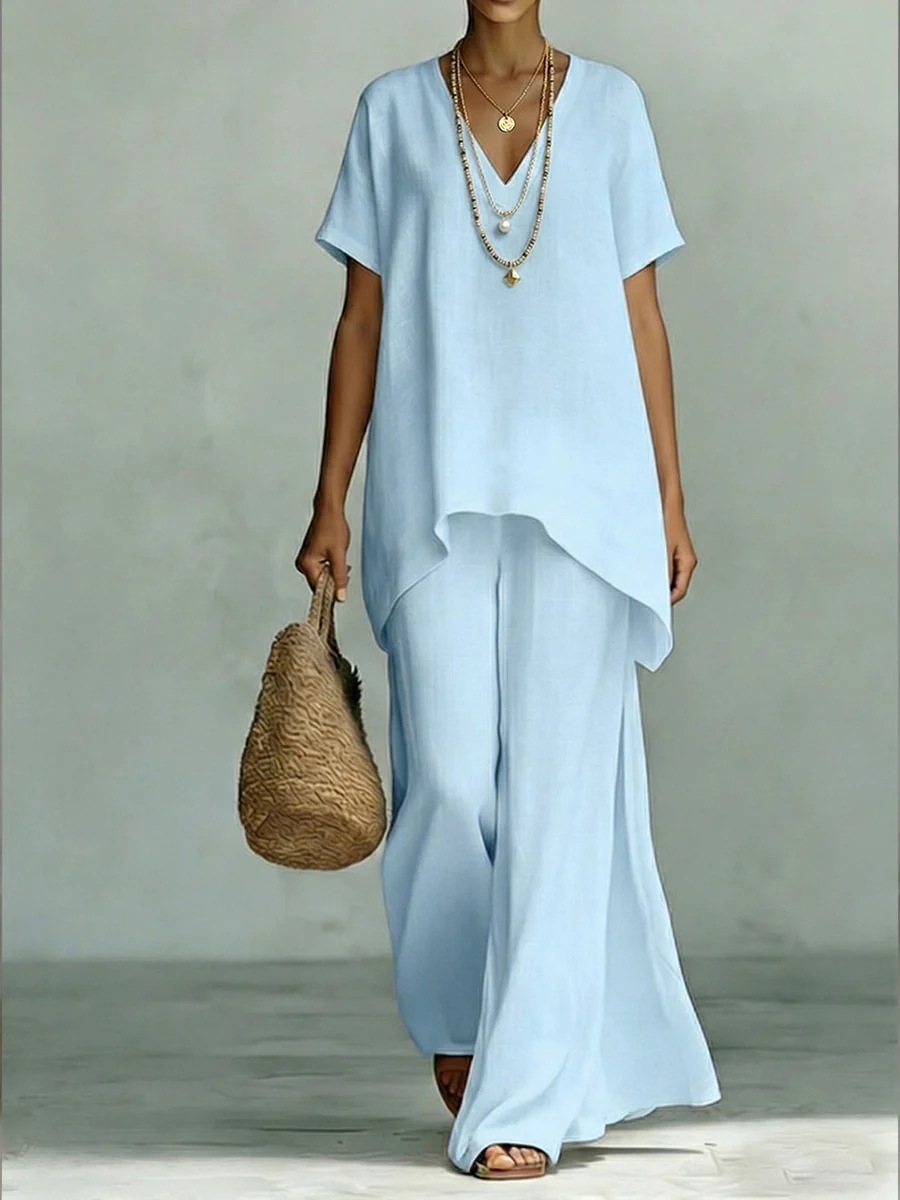 Women's Comfortable, Loose-fitting Linen And Cotton Top And Wide-leg Pants Two-piece Set.