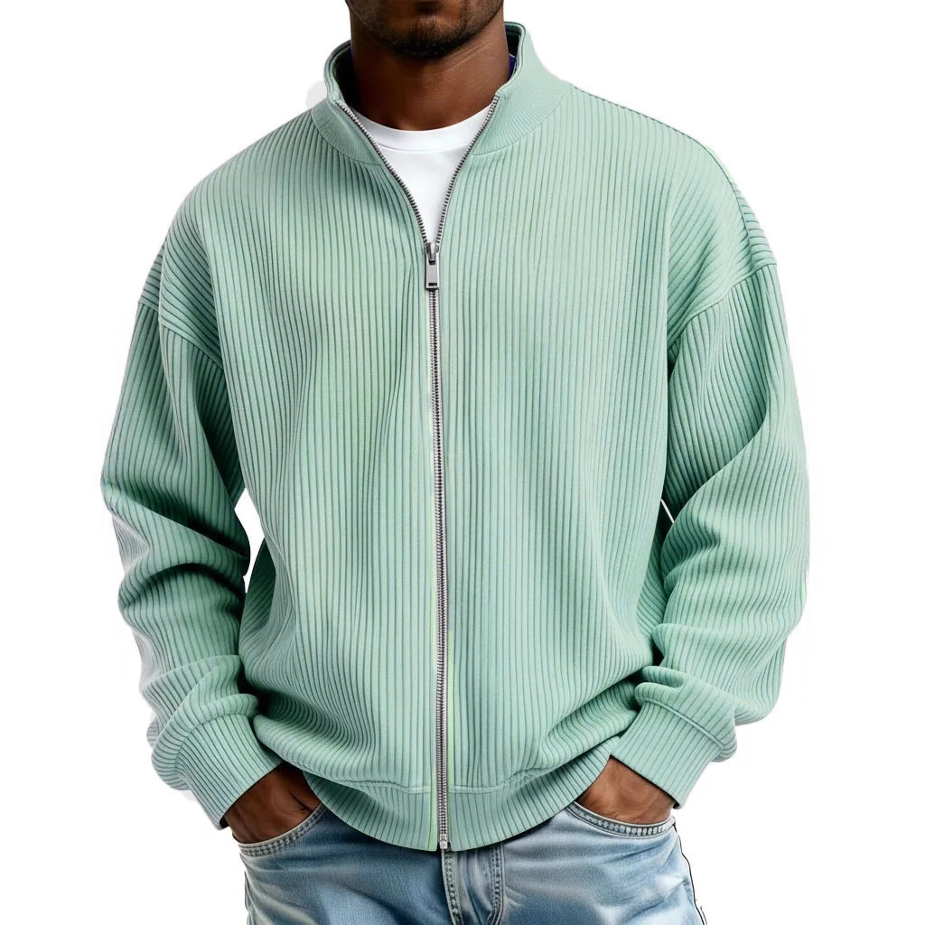 Men's simple and casual ribbed stand-collar zip-up long-sleeved jacket