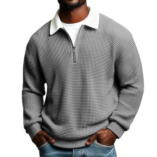 Men's collared long-sleeved polo shirt with half-zip closure