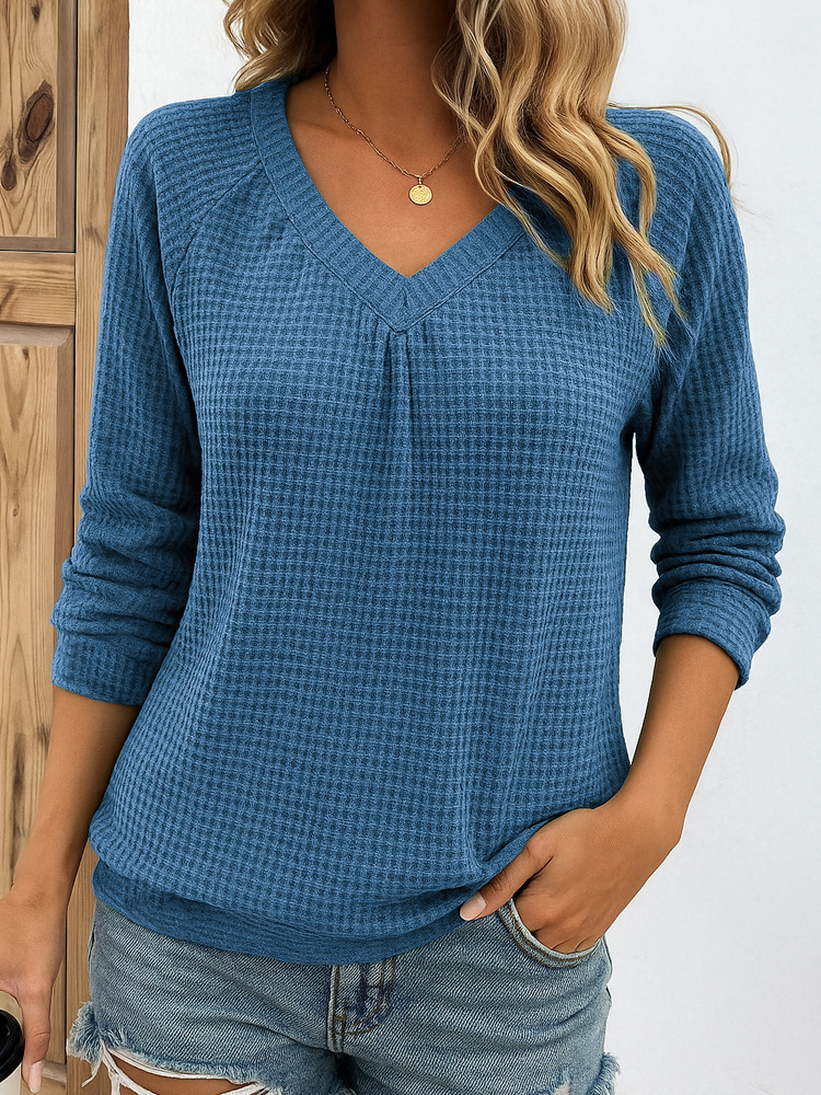 🎄 Clearance Sale! 🔥 V-neck Waffle Knit Long-Sleeve Top
