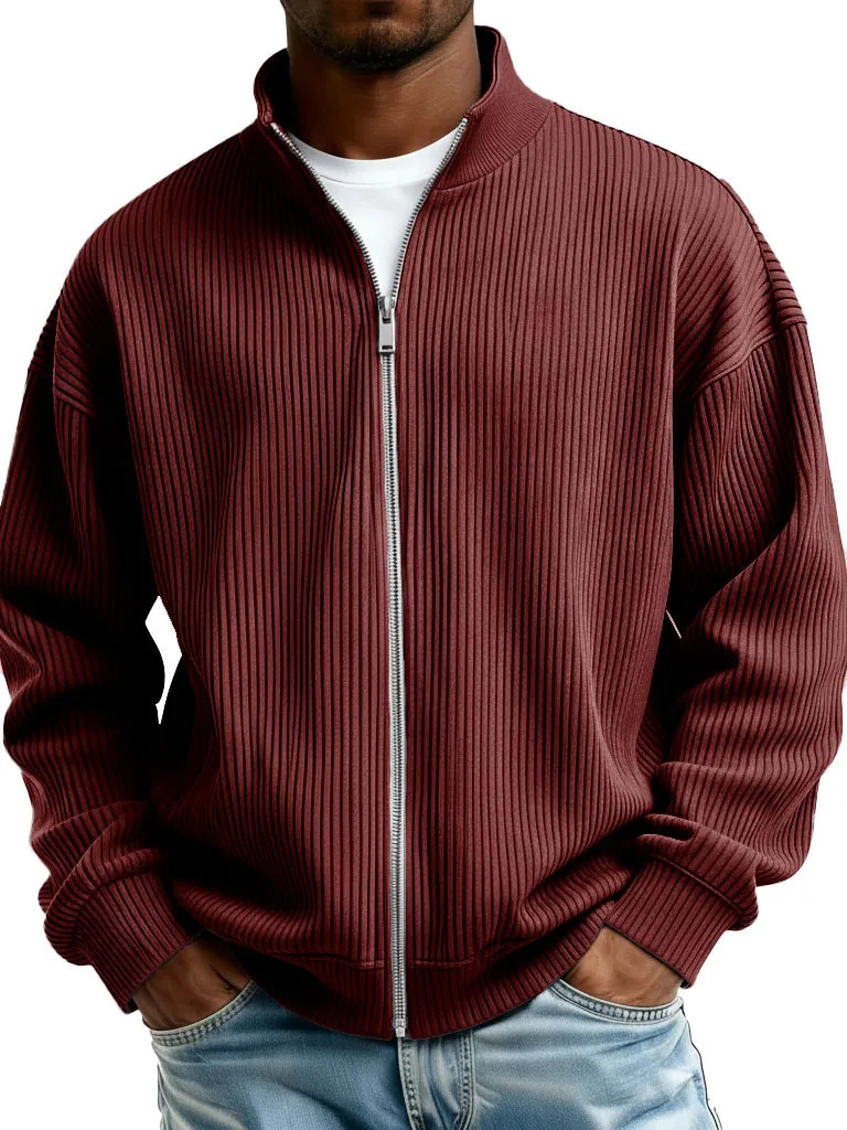 Men's simple and casual ribbed stand-collar zip-up long-sleeved jacket