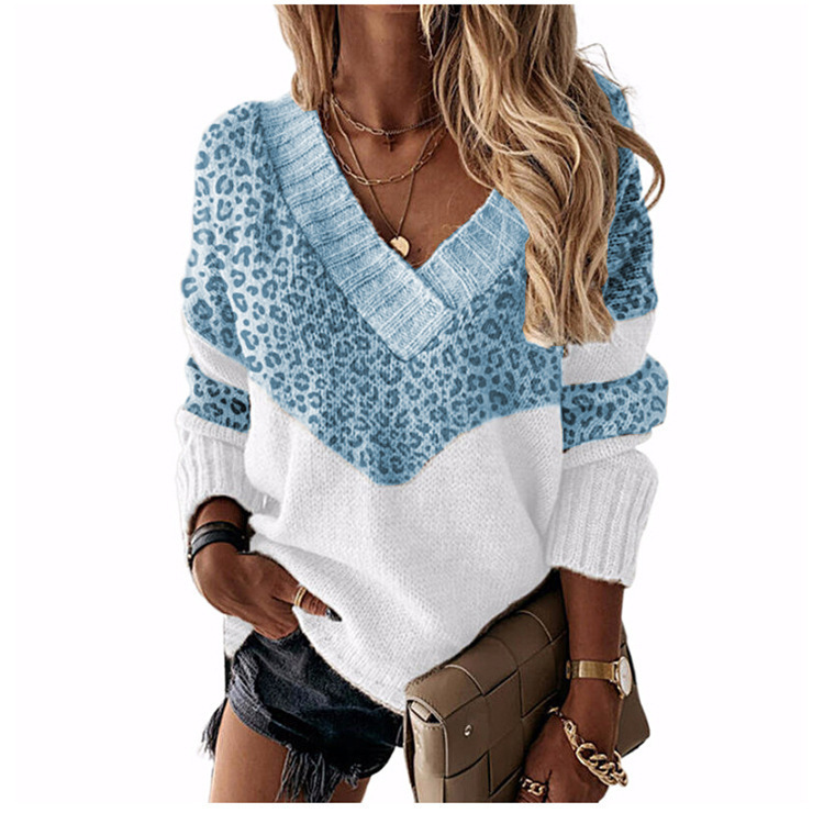 🔥Enjoy 30% off today!🎁 Women's V-neck sweater with leopard print color-block design.