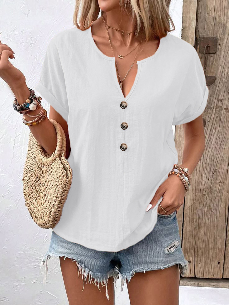 Women's V-Neck Cotton-Linen Button-Up Top